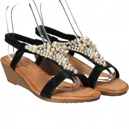 Sandale negre cu perle si pietre, marca Flyfor