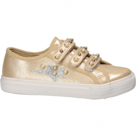 Pantofi trendy aurii, cu perle, pentru fete