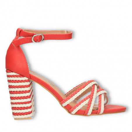 Sandale moderne, cu toc masiv, combinatie de culori rosu cu alb
