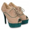 Pantofi dama , cu varf decupat, platforma si toc inalt, bej cu verde - LS57