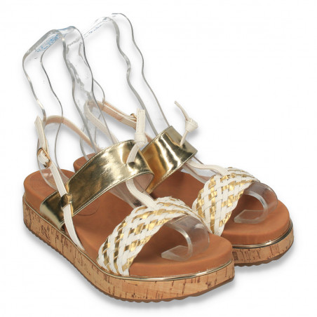 Sandale dama, cu platforma din pluta, alb-auriu - W134