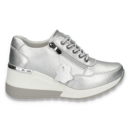 Pantofi casual dama, din piele, cu siret si platforma, argintiu - W233