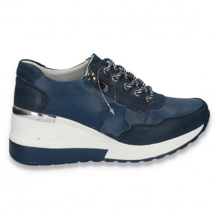 Pantofi casual dama, din piele, cu siret si platforma, bleumarin - W234