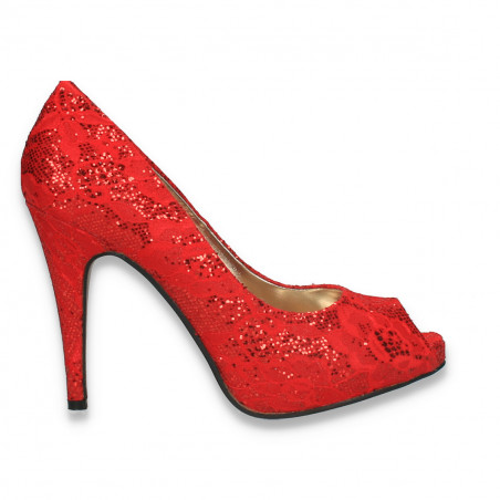 Pantofi decupati, pentru dama, din dantela, rosii - W356