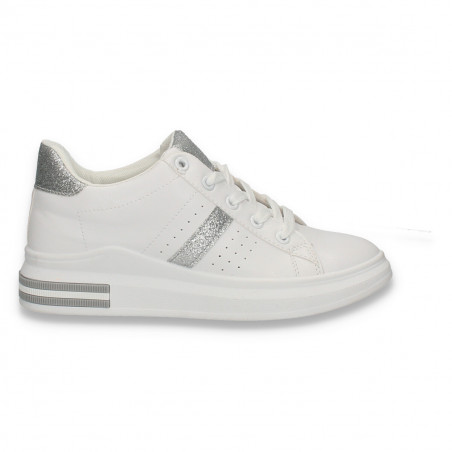 Sneakers moderni pentru dama, cu sclipici argintiu, albi - W534