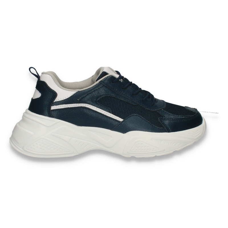 Pantofi sport dama, din piele si textil, cu talpa groasa, bleumarin - W546