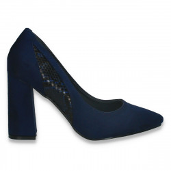 Pantofi eleganti, cu toc gros, bleumarin cu insertii animal print - W613
