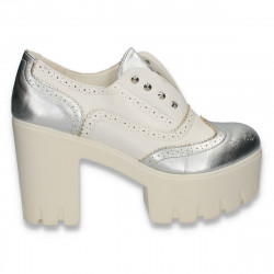 Pantofi glami dama, cu talpa si toc masiv, alb-argintiu - W933