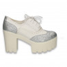 Pantofi glami dama, cu toc masiv si siret, alb-argintiu - W934