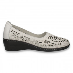 Pantofi din piele pentru dama, cu decupaje florale, albi - W1081