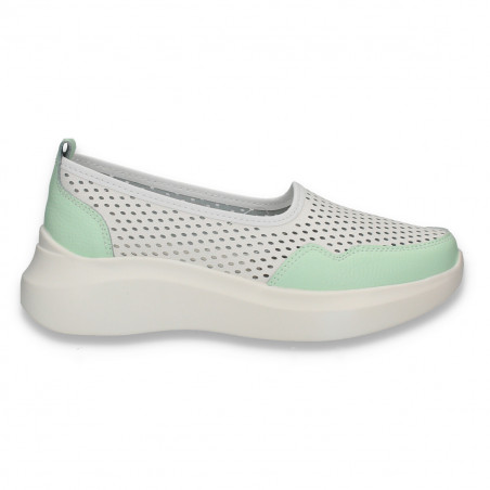 Pantofi din piele pentru dama, cu perforatii, alb-verde - W1086