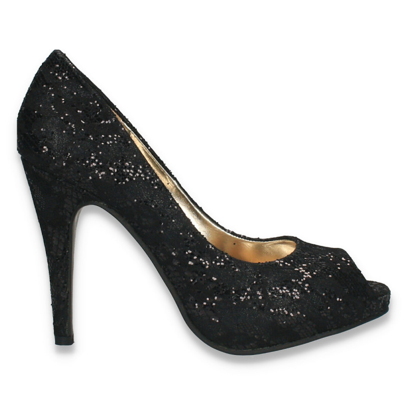 Pantofi decupati, pentru dama, din dantela, negri - W1151