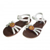 Sandale fete, piele ecologica, alb cu maro, cu decor in fata