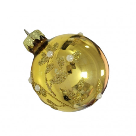 Glob auriu, lucios, cu agatatoare aurie din metal, model cu plante, 6 cm