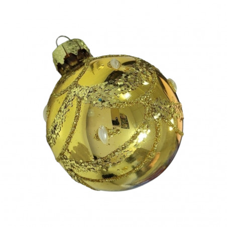 Glob auriu, lucios, cu agatatoare aurie din metal, model cu beteala, 6 cm