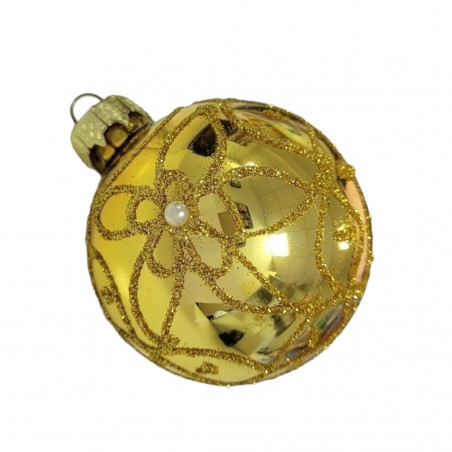 Glob auriu, lucios, cu agatatoare aurie din metal, model floare cu petale lungi, 6 cm