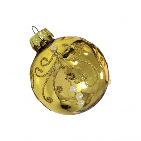Glob auriu, lucios, cu agatatoare aurie din metal, model de craciun,  6 cm