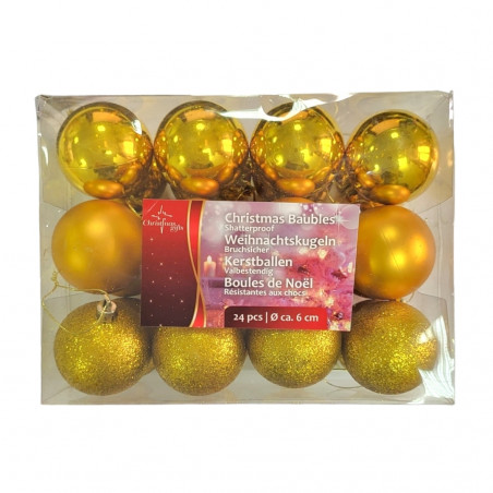 Set 24 globuri aurii, din plastic, cu agatatoare, 6 cm