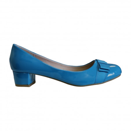 Pantofi din piele eco lacuita pentru femei, cu toc mic, albastri
