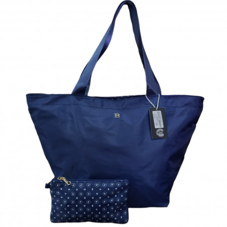 Geantă mare şi borsetă, pentru cumpărături, din material textil, bleumarin