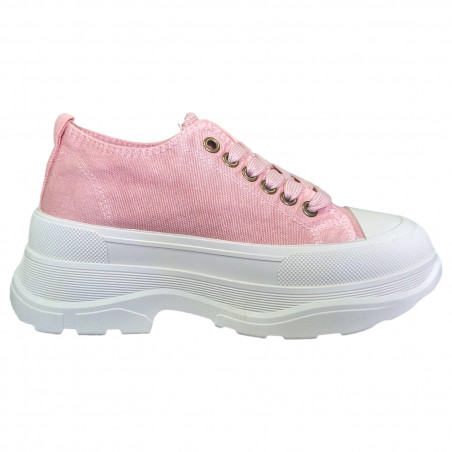 Pantofi casual din textil roz si talpa inalta, pentru femei